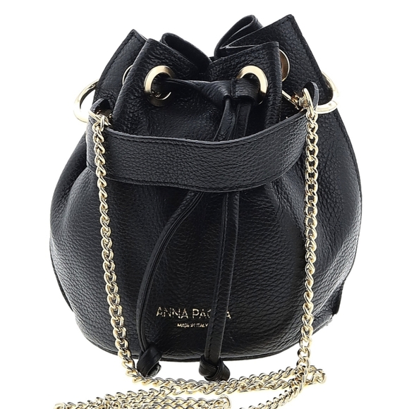 Anna Paola Italian Leather Bucket Bag Black & Gold Chain - Picture 1 of 7